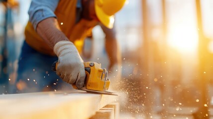 A worker operating a power tool to shape wood, enveloped by flying particles against a golden hour backdrop, demonstrating skill, focus, and creative energy.