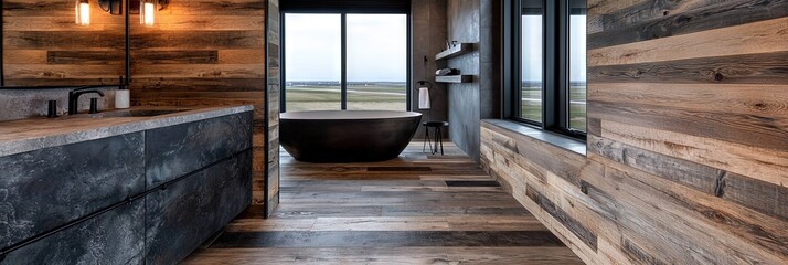 bathroom open area wood walls and leather