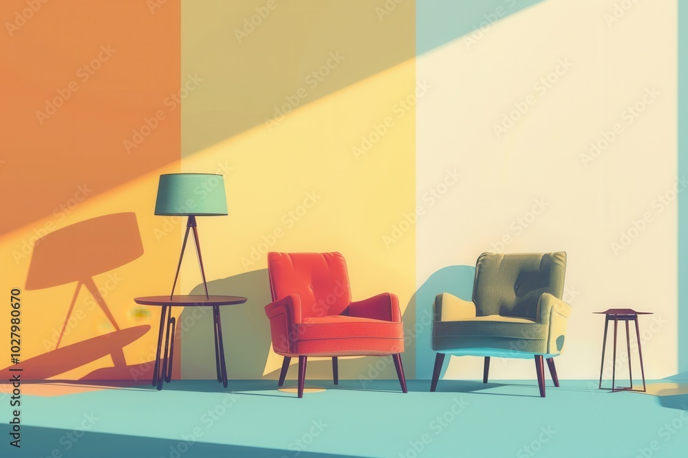 Aufkleber silhouettes of armchairs, a table, and a lamp create a modern ambiance on a soft gradient background