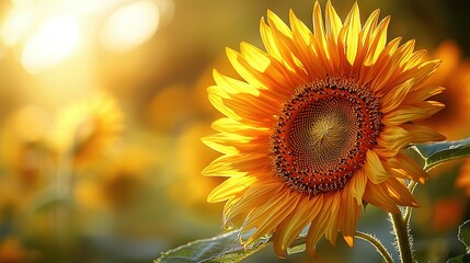 Fototapeta premium A sunflower stands out in a sea of sunflowers under the golden rays of the sun