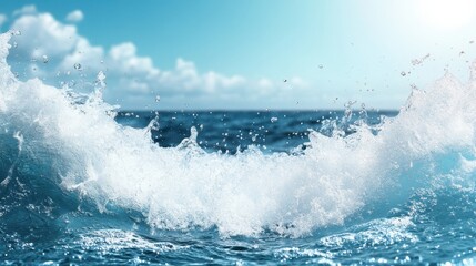 Naklejka premium A stunning view of a majestic ocean wave crashing powerfully under a bright blue sky, generating a feeling of freedom and open space. Ideal for travel imagery.