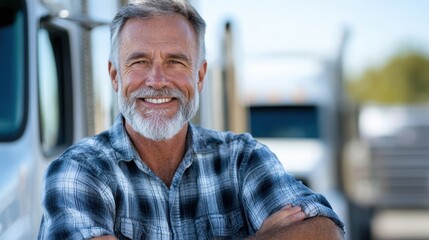 Fototapeta premium An elderly man with a gray beard is smiling confidently while standing outside next to a truck, wearing a plaid shirt, exuding happiness and fulfillment.