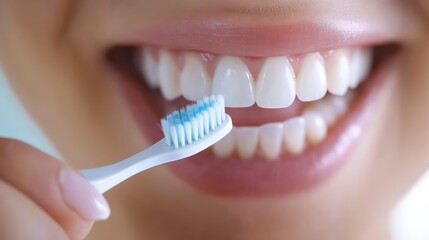 Close up of a woman's mouth brushing her teeth with a toothbrush.