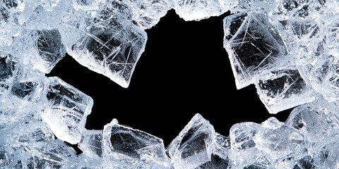 Hole, broken in a pure transparent crushed ice with cracks on a black background, 