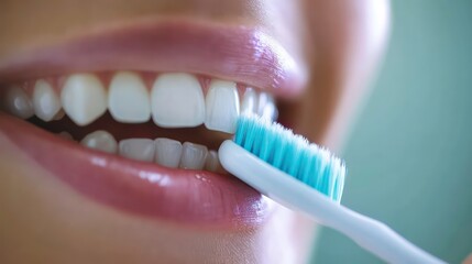 Close-up of a woman brushing her teeth with a toothbrush.
