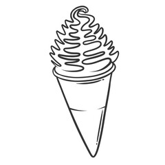 Ice cream icon, doodle sundae swirl in waffle cone. Funny retro sketch of twist frozen yogurt or creamy gelato in wafer cornet. Summer sweet food mascot, hand drawn ice cream icon vector illustration