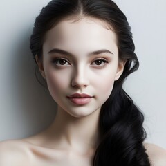Naklejka premium a young woman with flawless porcelain skin who looks directly at the viewer with an expression of gentle sensuality.