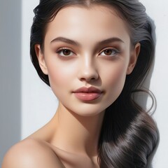 Fototapeta premium a young woman with flawless porcelain skin who looks directly at the viewer with an expression of gentle sensuality.