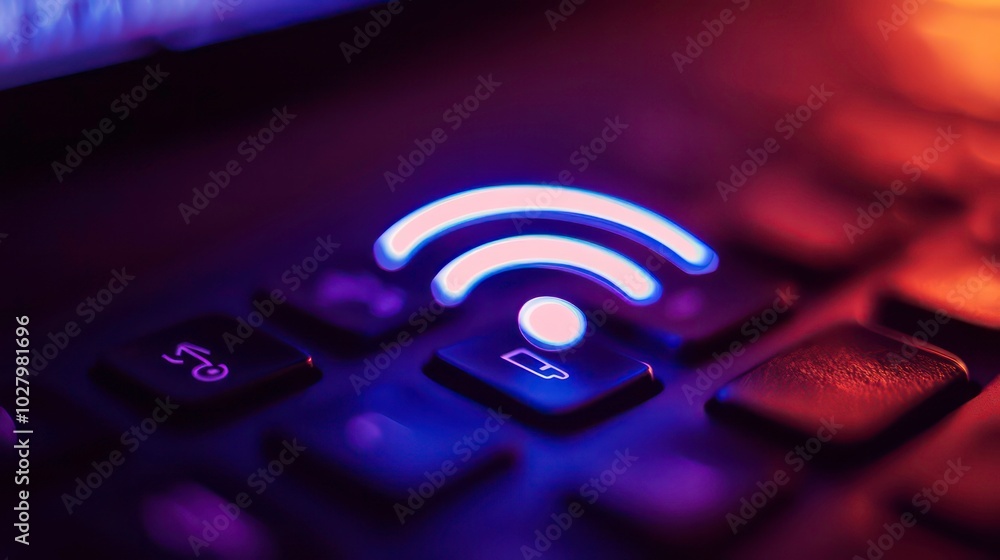 Poster close-up of a glowing wi-fi symbol on a laptop keyboard with colorful background.