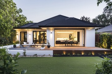 Modern house at dusk with a black roof, minimalist white walls, wooden terrace, and a green garden, captured in a  professional camera shot