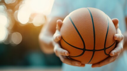 A person holding a basketball in front of a sunlit backdrop, highlighting the vibrant colors and textures of the basketball, captured with a contemporary artistic flair.