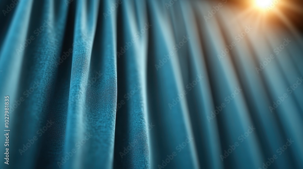 Poster luxurious blue curtains drawn aside with sunlight filtering through, casting serene patterns and cre
