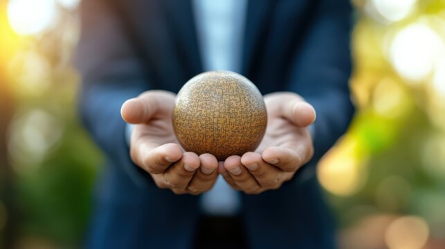 A sphere carved with abstract writings is held by a person in a suit, reflecting intellectual depth, mystery, and the pursuit of knowledge and understanding.