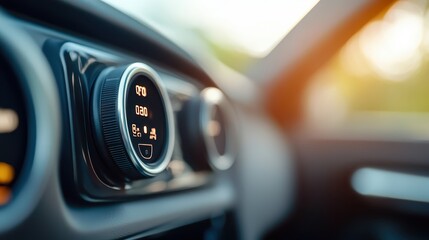 Close-up image of dashboard control knobs featuring digital readouts that display current settings and adjustments, highlighting technological advancements in car interiors.