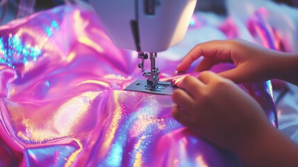 Close-up of hands sewing iridescent fabric on a sewing machine