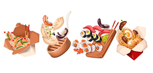 Flying cartoon Asian food set. Falling fried noodles and rice with meat, salmon and egg, Japanese sushi and rolls, Chinese Dim sum dumplings. Portions of Asian cartoon meals vector illustration