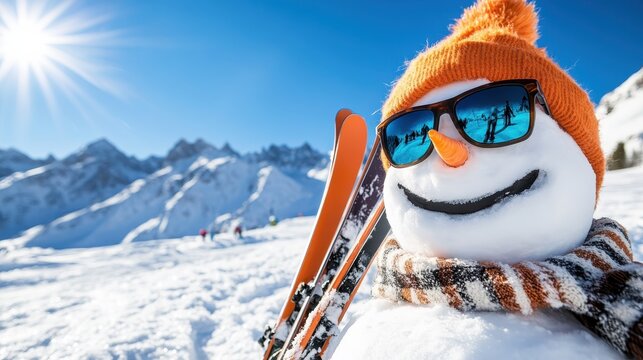 A snowman adorned with an orange scarf and sunglasses relaxes in sunny snow, next to skis, with mountainous terrain in the background and bright sun overhead.