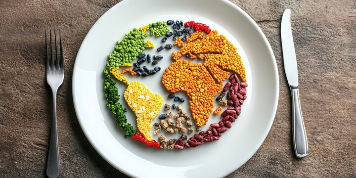 earth made of food, on plate with fork and knife overhead photo - world hunger and food sustainability concept