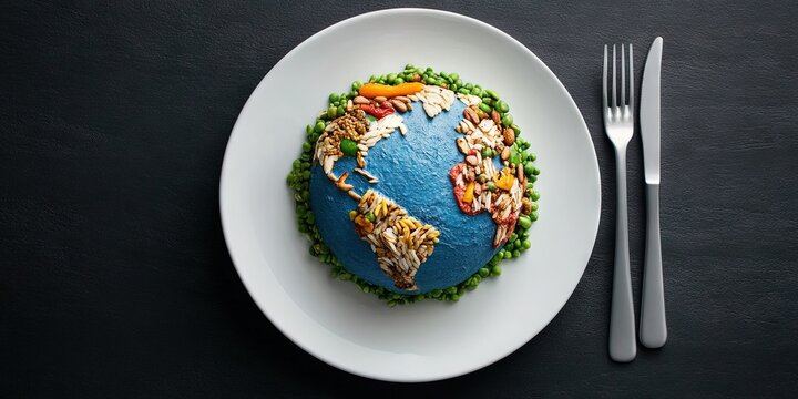 earth made of food, on plate with fork and knife overhead photo - world hunger and food sustainability concept