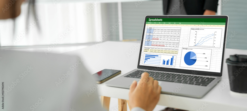Poster spreadsheet document information financial startup concept. data and graphs in spreadsheet documents