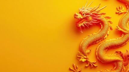 Obraz premium Golden dragon sculpture on a yellow background