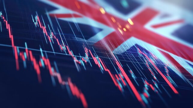 A close-up view of a financial graph overlayed with the Union Jack flag, symbolizing the economic performance of the United Kingdom.