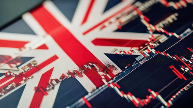 Close-up of a stock market chart with the Union Jack flag in the background.