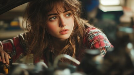 Fototapeta premium Focused young woman mechanic working on car engine in garage