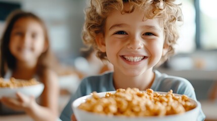 A cheerful child holds a bowl of cereal with a bright smile, capturing the joyous essence of breakfast time, full of happiness and the warmth of family togetherness.
