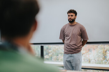 A young man stands confidently while giving a presentation in a modern classroom, engaging his...