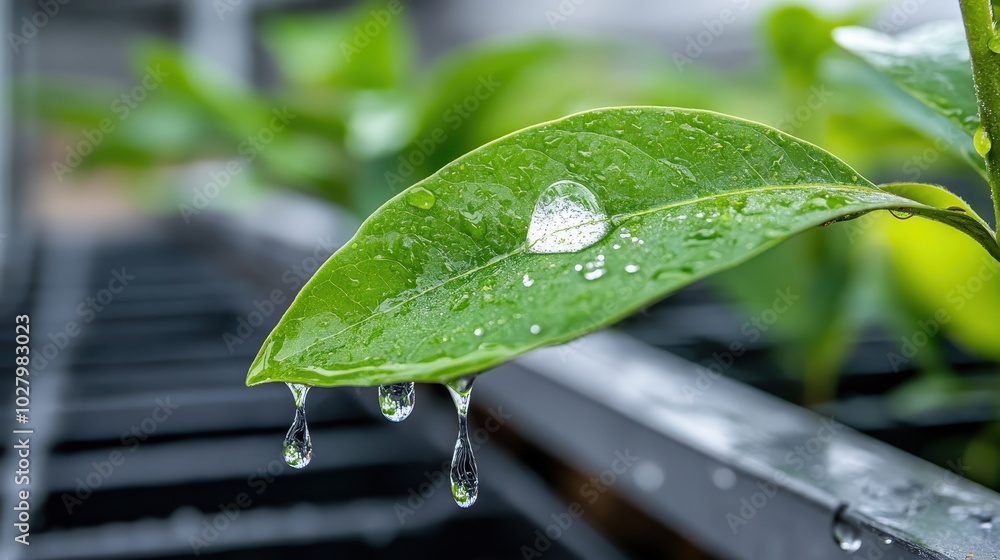 Poster the image showcases a green leaf adorned with raindrops, creating a refreshing and serene compositio