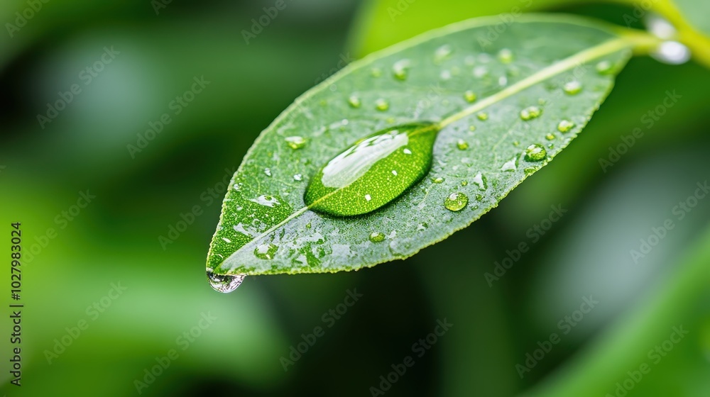 Poster a macro photograph capturing the vivid details of a green leaf adorned with a dew drop at its edge, 