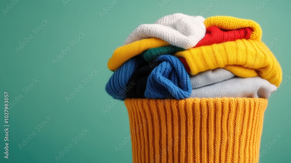Poster a vibrant pile of sweaters in multiple bright colors set against a turquoise background, evoking a p