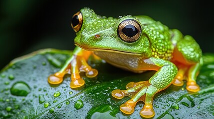   Frog on leaf with water droplets against green backdrop