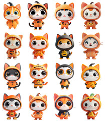 Obraz premium Cute Halloween Cat Cartoon Character Set with Transparent Background | Isolated PNG Illustrations for Design Overlays and Graphic Resources