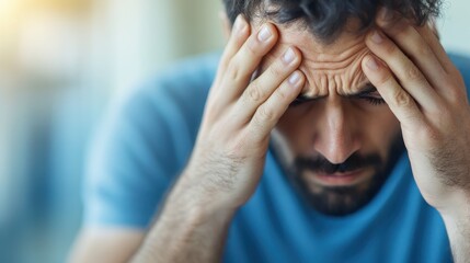 Fototapeta premium A man in a blue shirt presses his temples, displaying a clear expression of worry and strain, capturing a vivid moment of emotional tension.