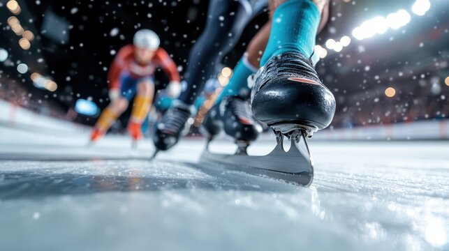 A captivating image depicting the rapid movement of skates on an ice rink, highlighting the intense motion and fierce competition in a speed skating event.