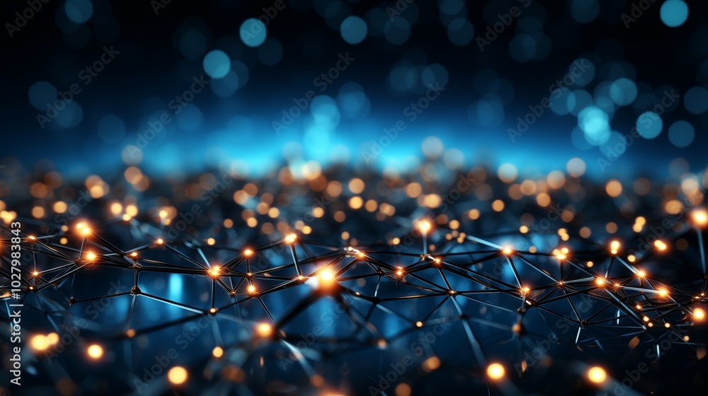 Poster blue abstract background with a network grid and particles connected.