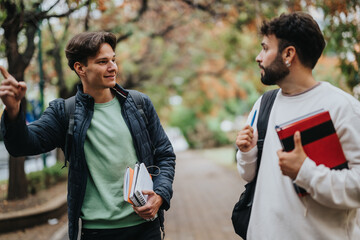 Two college students engage in a lively discussion after their exam, standing outdoors in a...