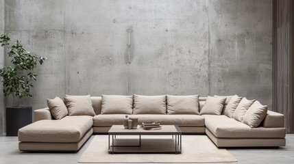 Modern living room featuring a beige sofa and coffee table set against a concrete wall, in a high-resolution format