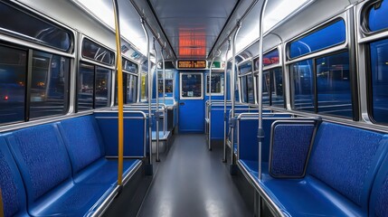 Empty blue seats and aisle of a bus.