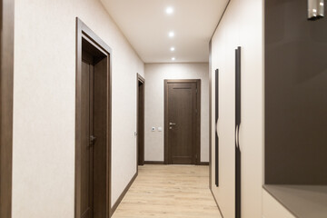 Contemporary apartment hallway showcasing elegant interior design with refined wood accents and modern lighting
