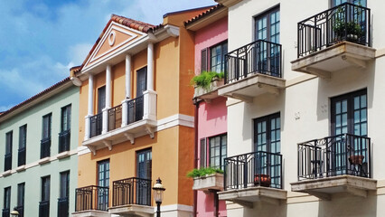 Windows in facade with Spanish style, at Palm Beach, Florida, USA, 2019