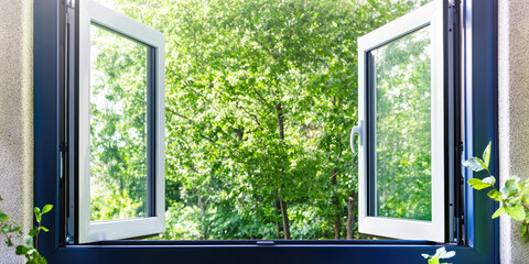 Aluminum window detail closeup. Opened Metal door frame. Energy efficient, safety profile, window repair and installation service