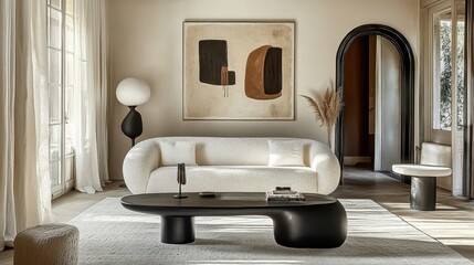 Minimalist modern living room, abstract art on wall, sculptural black coffee table, white textured sofa, neutral color palette, soft natural light, cozy atmosphere, contemporary decor.