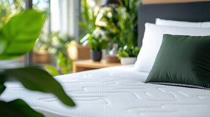 A sunlit bedroom exudes warmth and tranquility, featuring plush bedding accented with vibrant green plants, conjuring a serene and inviting atmosphere for relaxation.