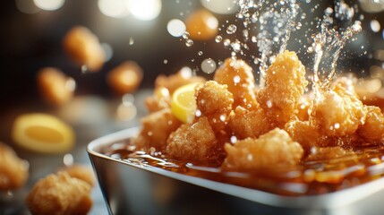 Crispy nuggets splash in rich sauce, crafting a visually dramatic and appetizing scene that blends texture, motion, and culinary artistry in a captivating frame.