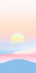 Obraz premium Minimalistic pastel abstract landscape illustration with soft color gradients, depicting serene waves and a glowing sun at sunrise, offering a calming and modern wallpaper aesthetic