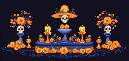 Day of the Dead Design Featuring Traditional Mexican Elements like Marigold Flowers, Floral Pattern Sombreros, and Candles on a Dark Blue Background, Ideal for Festive Parties and Cultural Events.