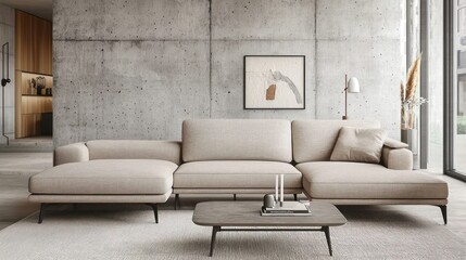 Modern living room with a beige sofa and coffee table against a concrete wall, space for design concepts